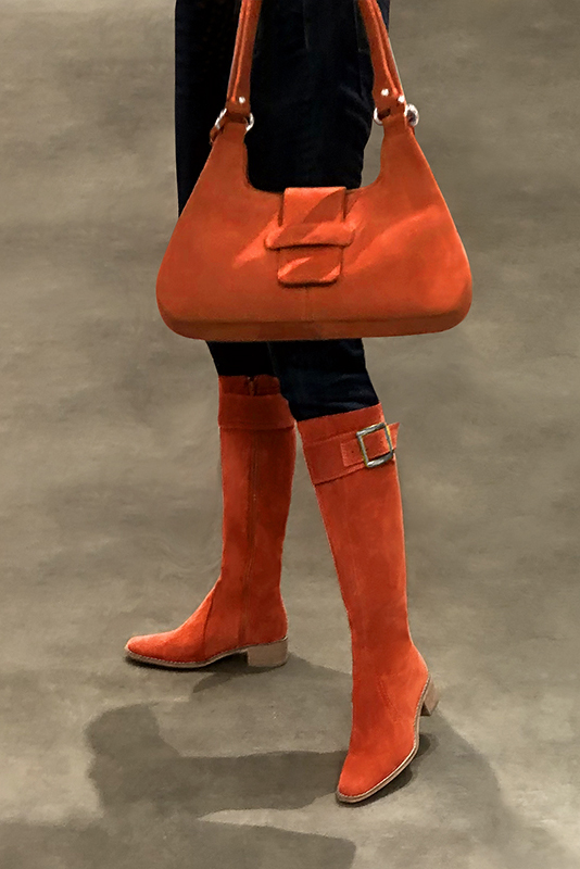 Clementine orange women's calf bracelets, to wear over boots. Worn view - Florence KOOIJMAN